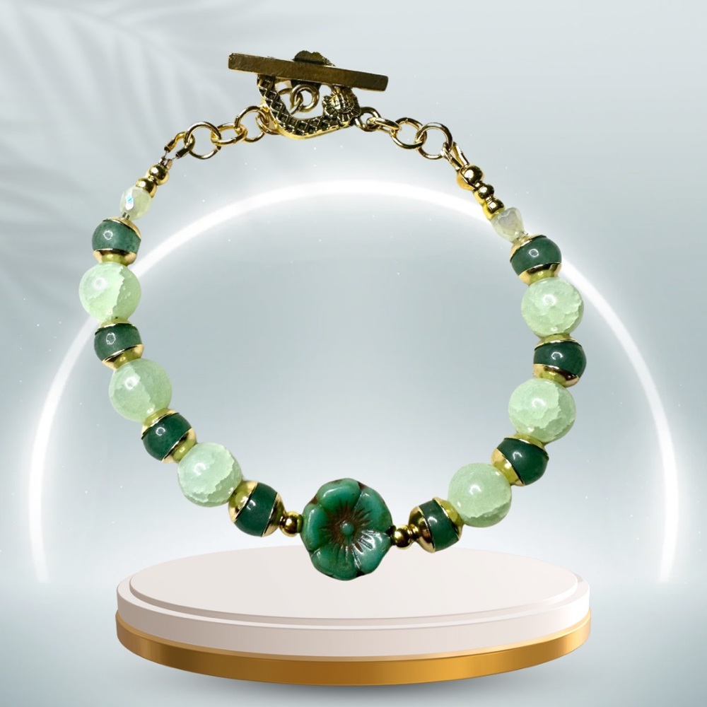 Hand Crafted Green Crackle Glass Hibiscus Toggle Bracelet for Women